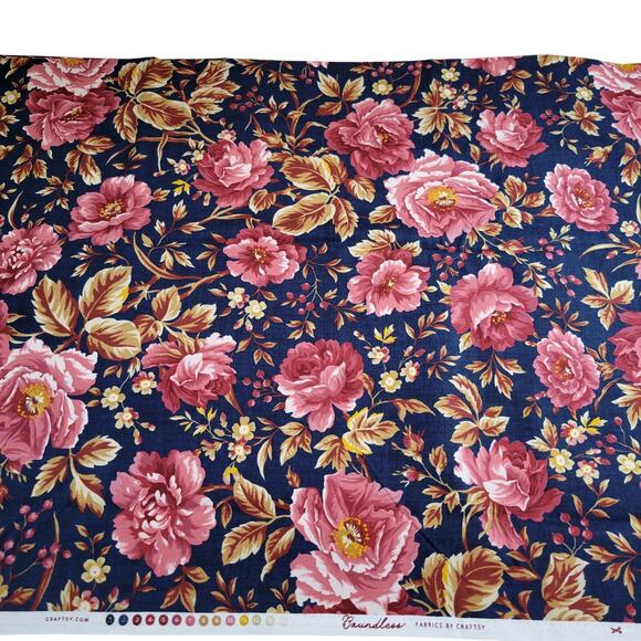 Boundless Cotton Fabric Heritage Home Floral Navy Pink Peony 3 YDS x 43” - Picture 2 of 16